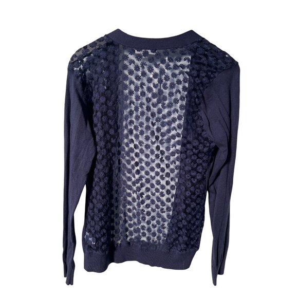 DE Collection Embroidered Mesh Cardigan Sweater Size M Open Front Navy Cozy Knit - Picture 2 of 6